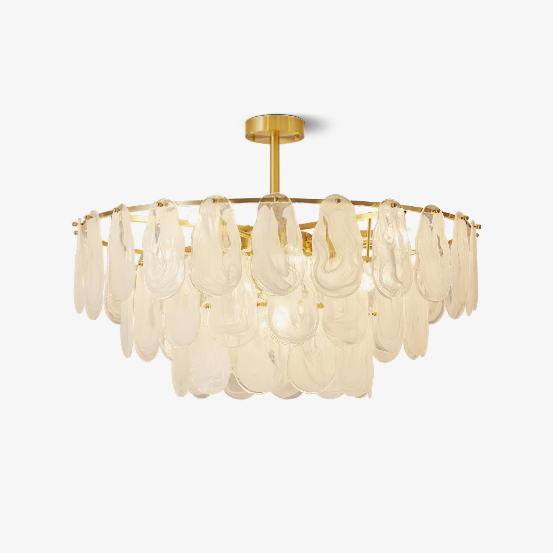 Round Cloud circular glass pendant shown from the front with a central rod and gold-tone rim