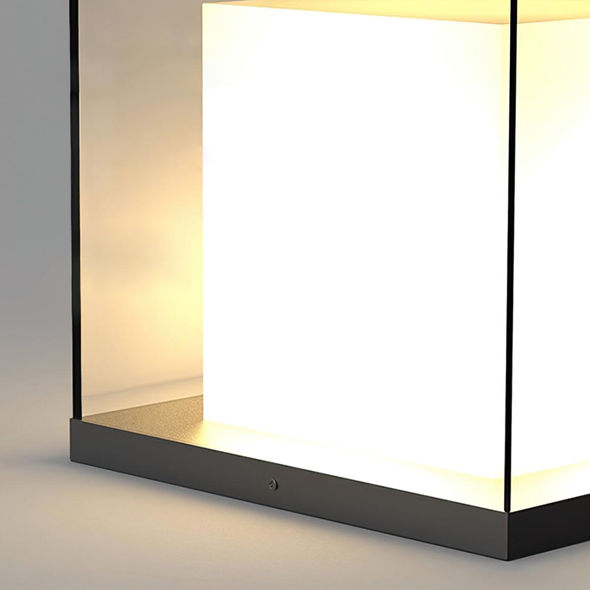 Illuminated white inner cube behind a clear outer corner, dark upright and base with a small fastener head