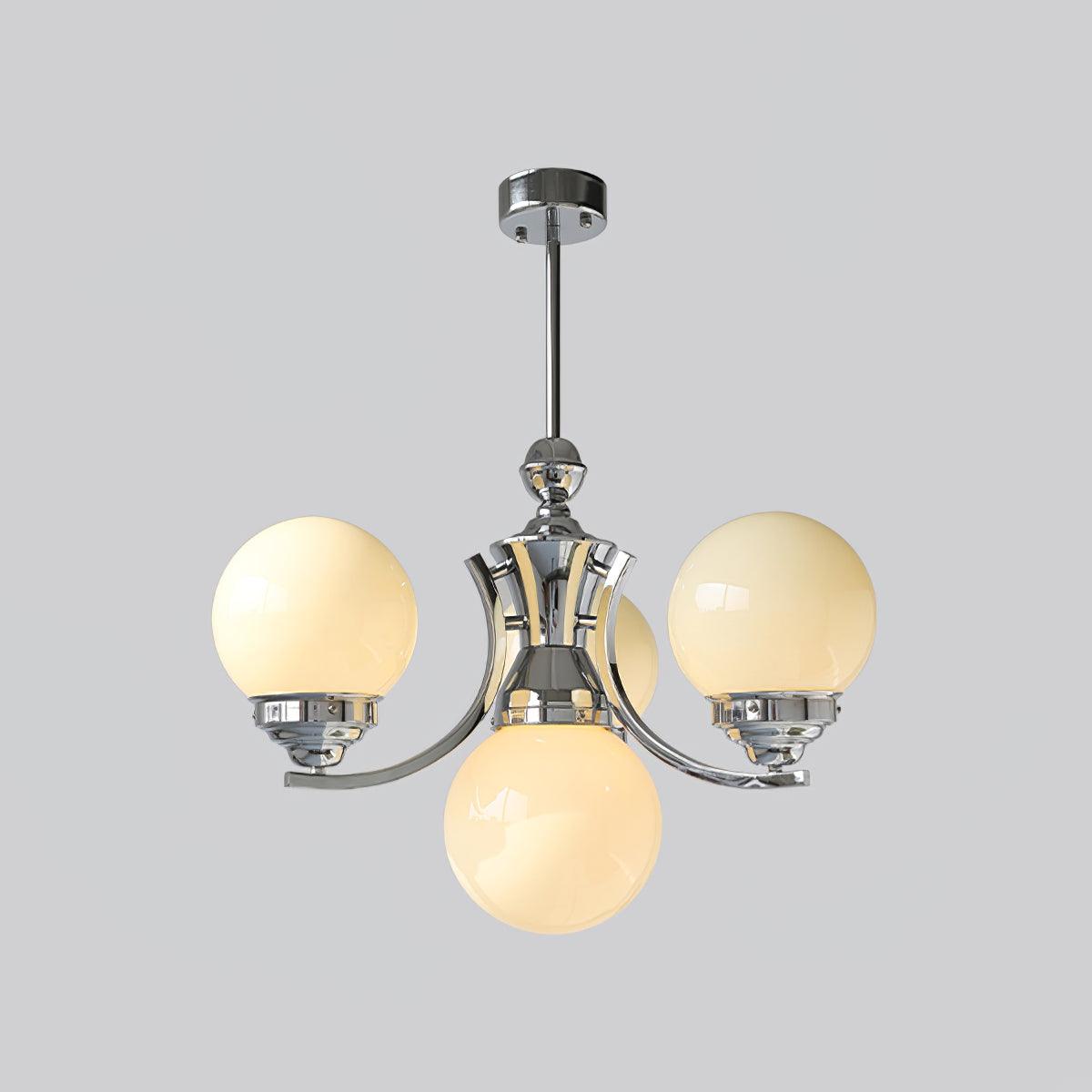 4-light A in Chrome+Beige, with rising chrome arms, glossy globes, a rod and a round canopy