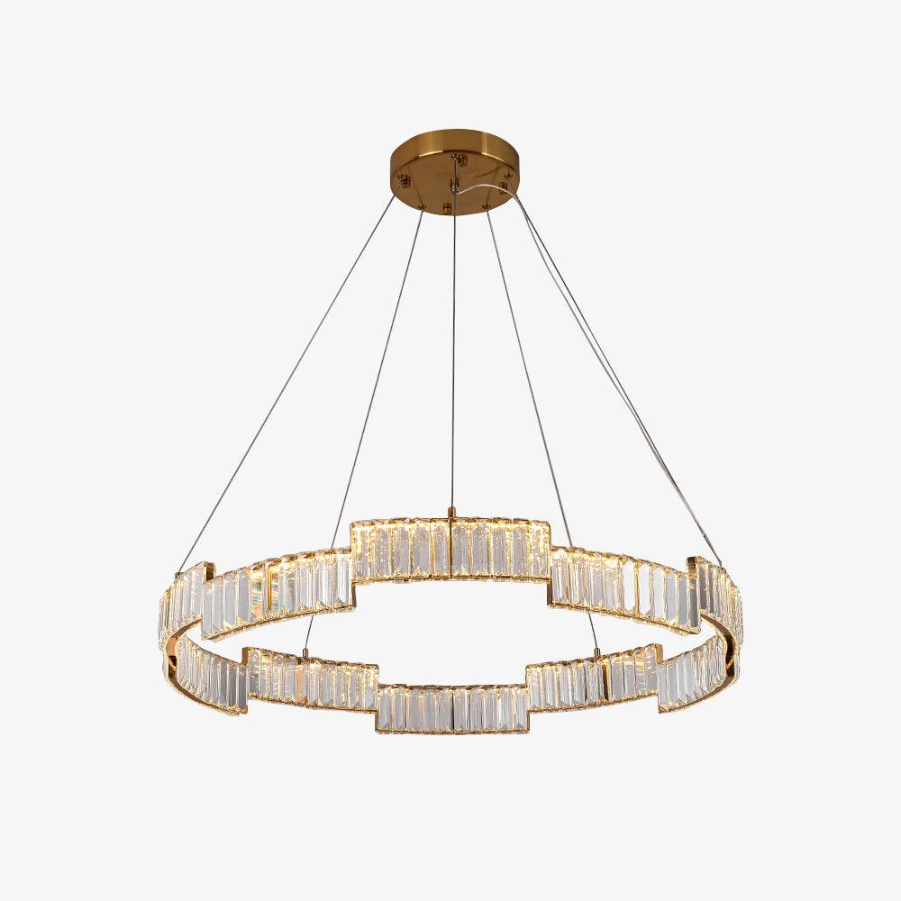 Isolated lit stepped glass ring chandelier with multiple suspension wires and round gold-tone canopy on white