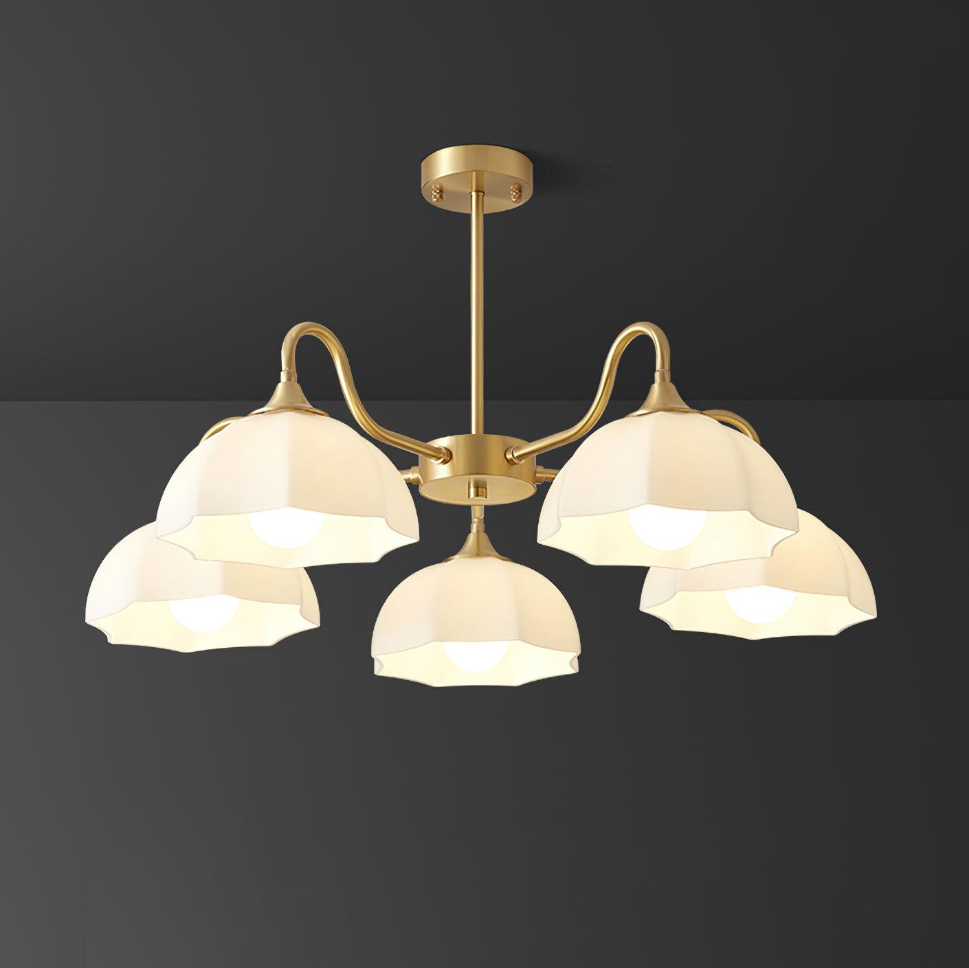 Five-head round brass and white glass chandelier