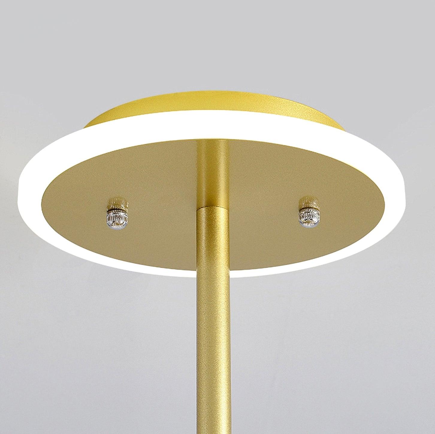 Close-up of Gold round canopy with bright white rim, two knurled fixing nuts and central suspension rod