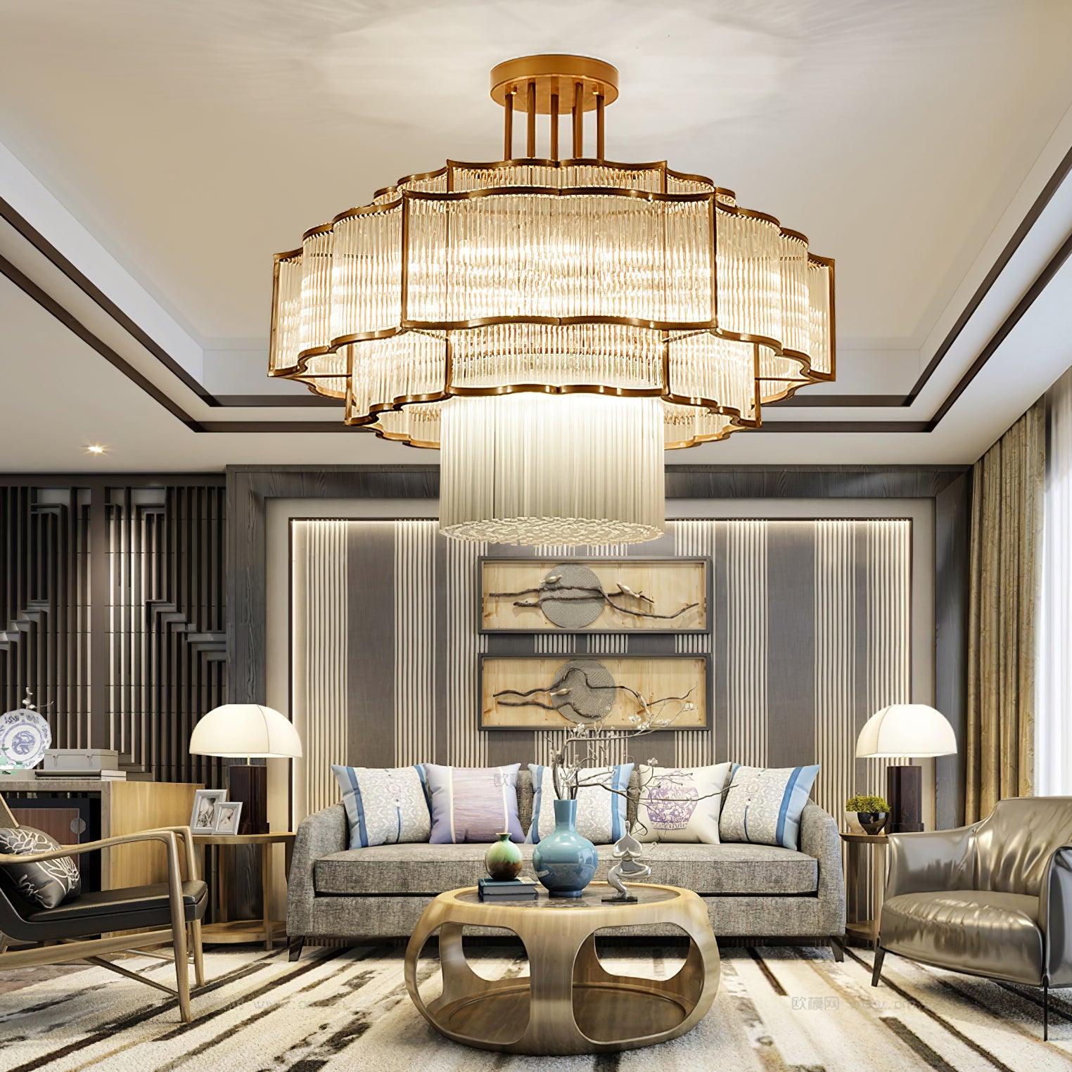 Pharo II tiered chandelier with clear ridged elements and a scalloped metal frame