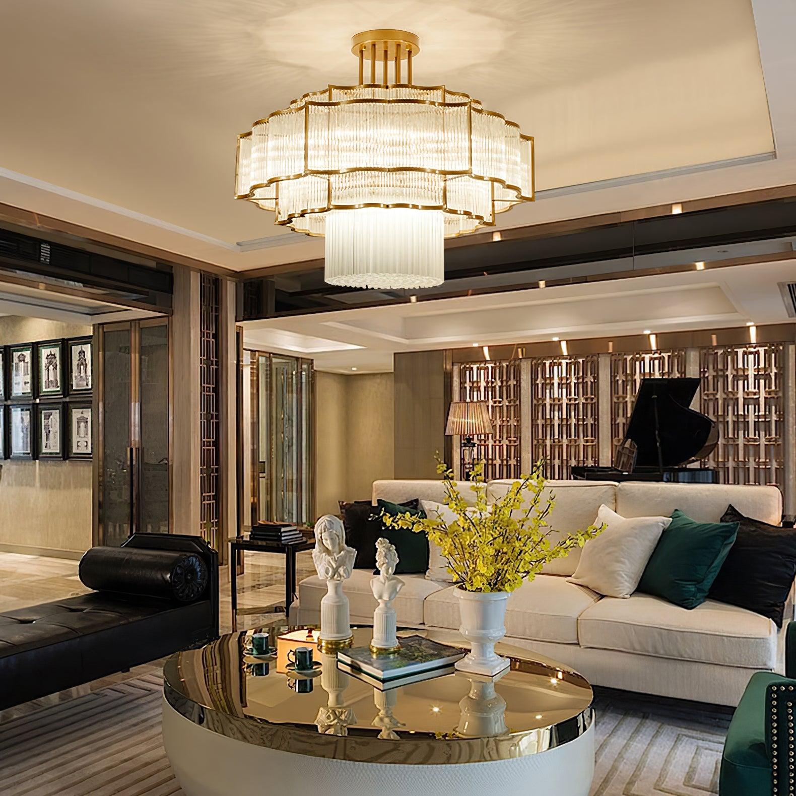 Pharo II tiered chandelier with clear ridged elements and a scalloped metal frame