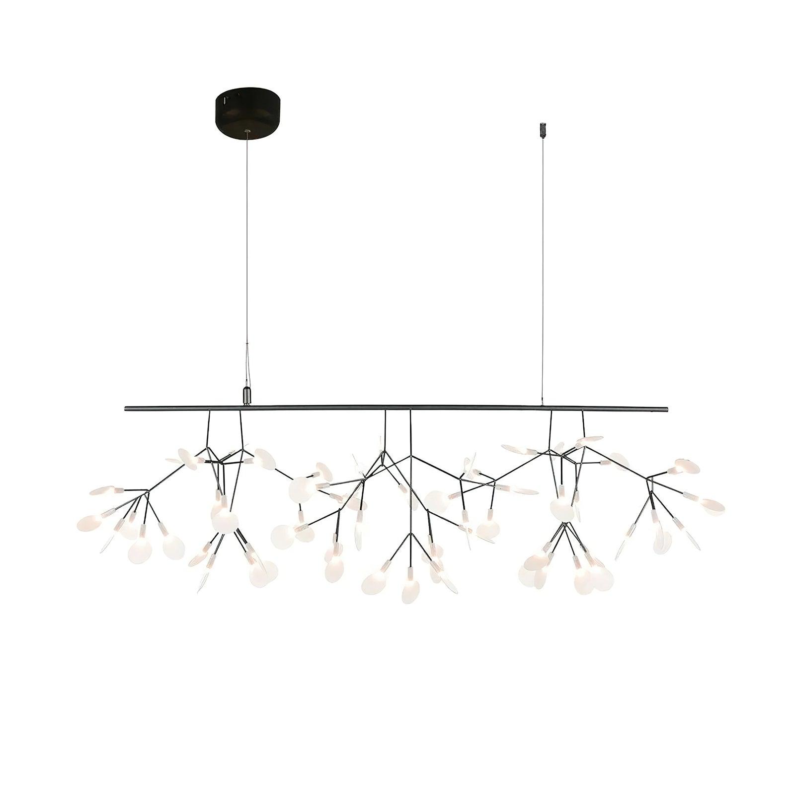 Model A 100 cm Black Firefly chandelier, with acrylic petals, left round canopy and separate right ceiling anchor
