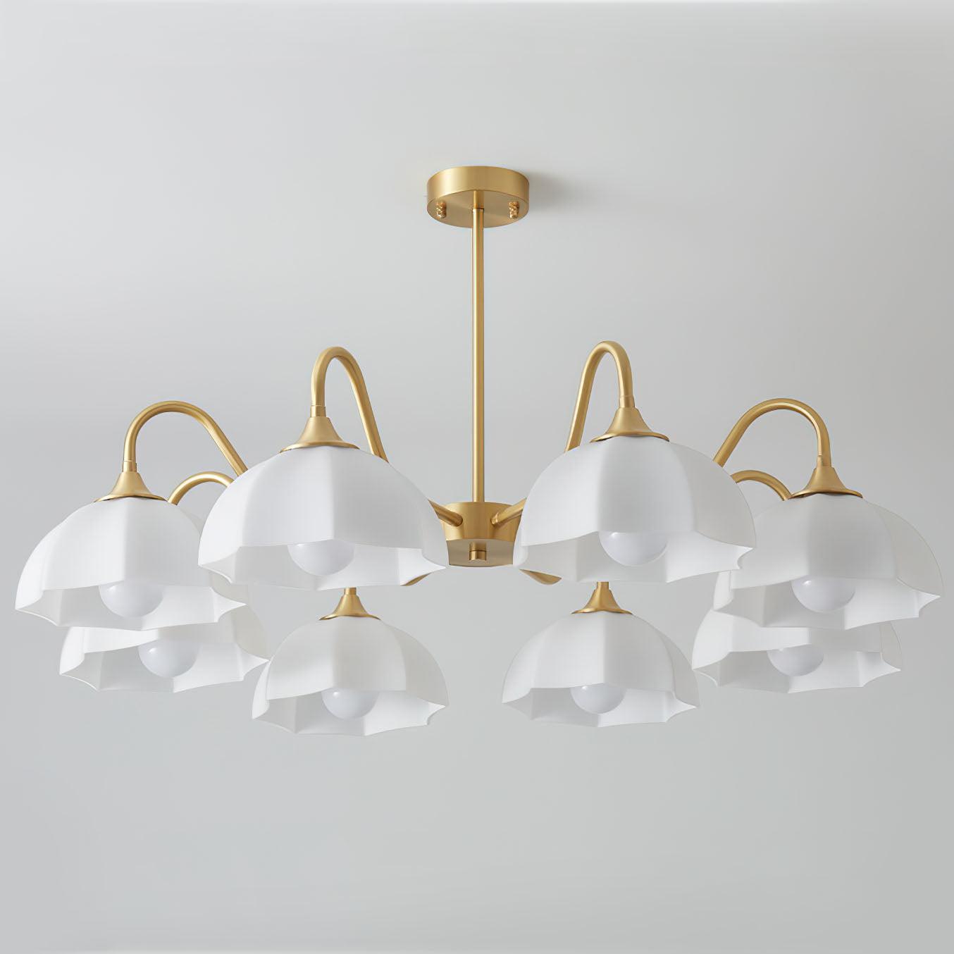 Unlit white glass chandelier with multiple down-facing shades