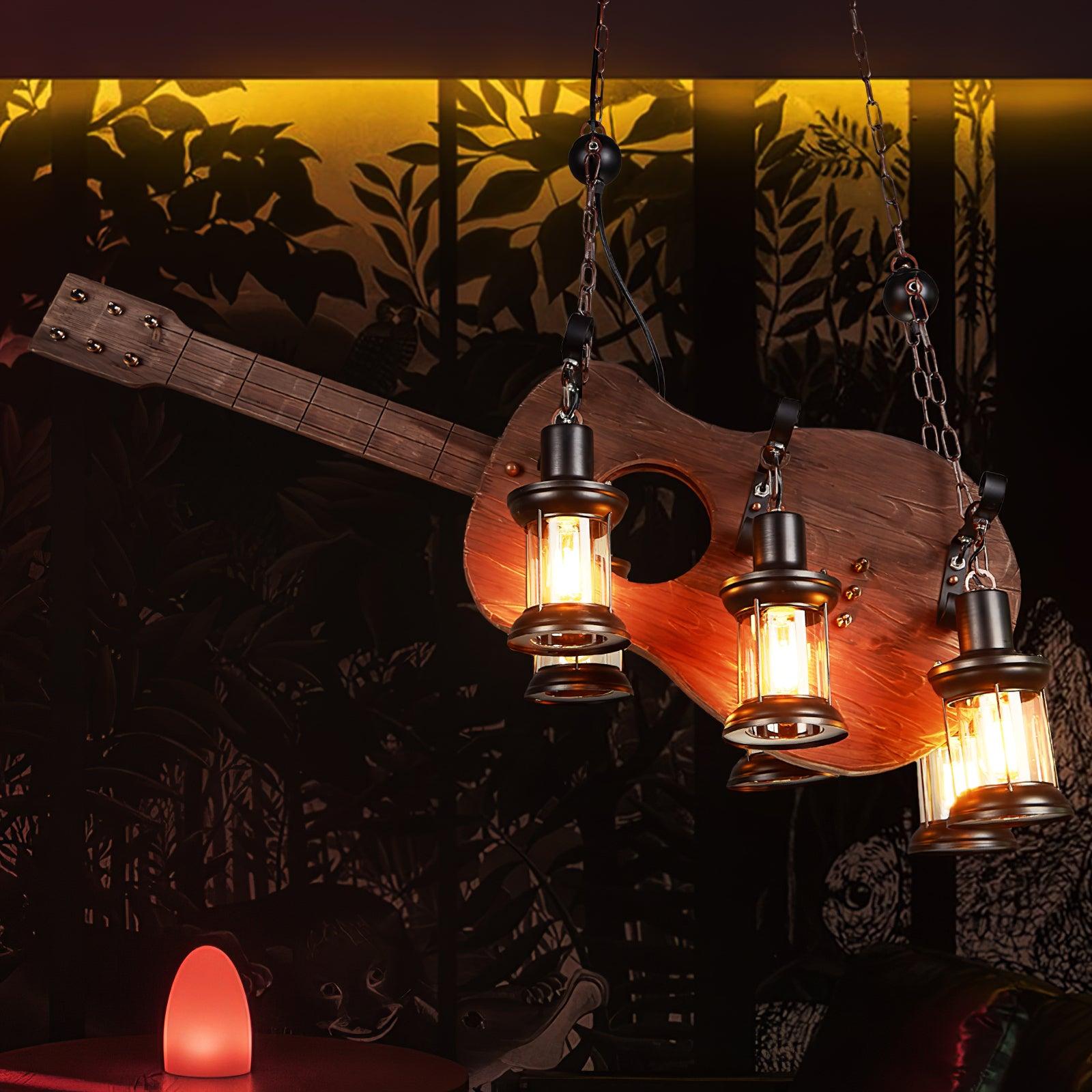 Acoustic-style guitar pendant above restaurant seating