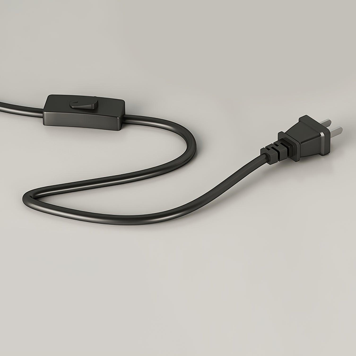 Black power-cord illustration with inline rocker switch and two-flat-pin plug on pale background