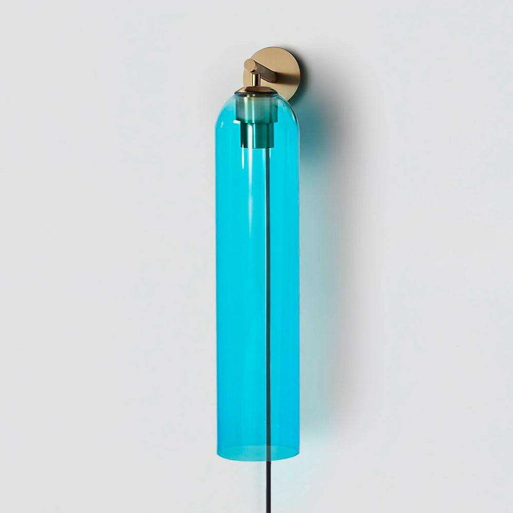 Sky blue cylindrical glass shade with gold wall fitting