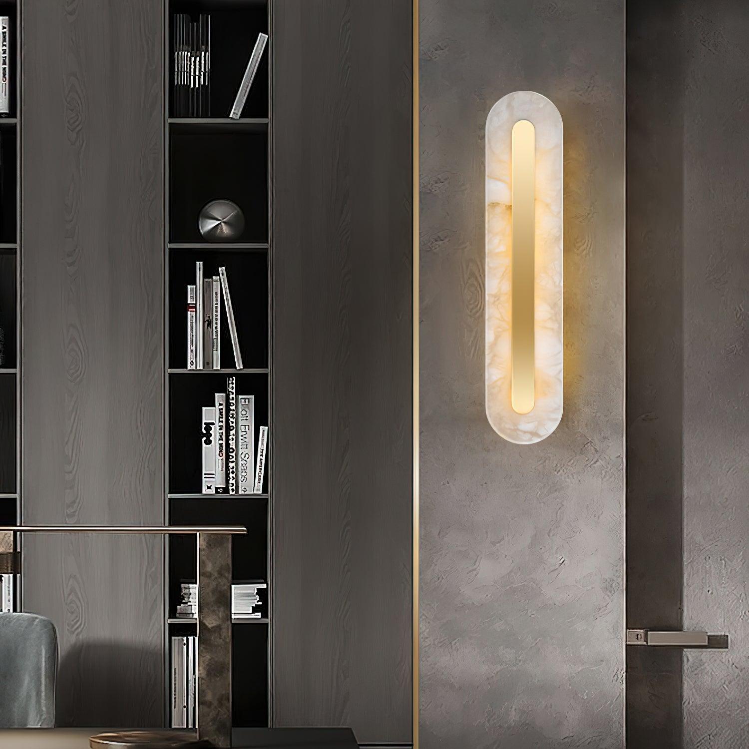 Alabaster fixture beside a tall bookcase