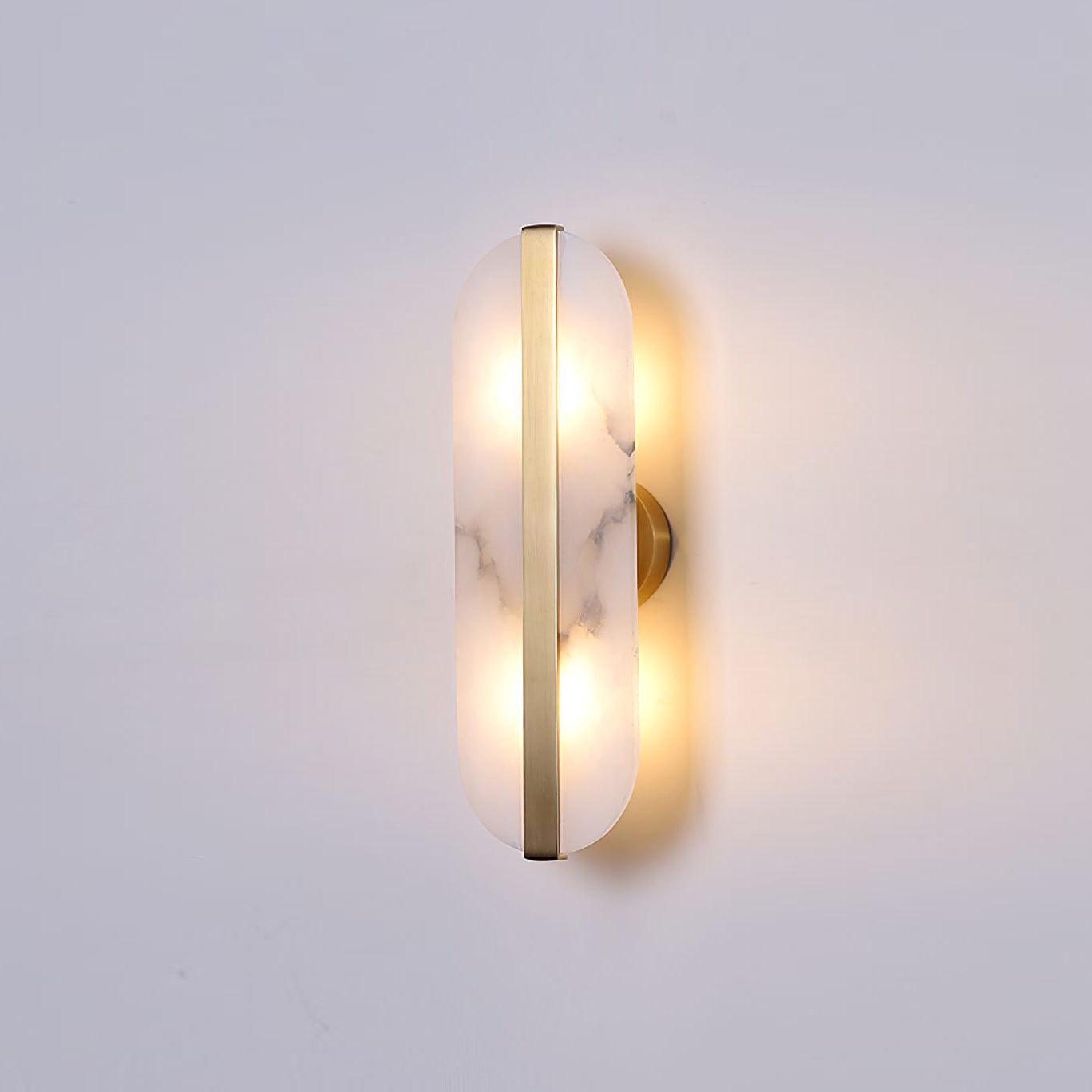 Angled view of illuminated alabaster wall shade