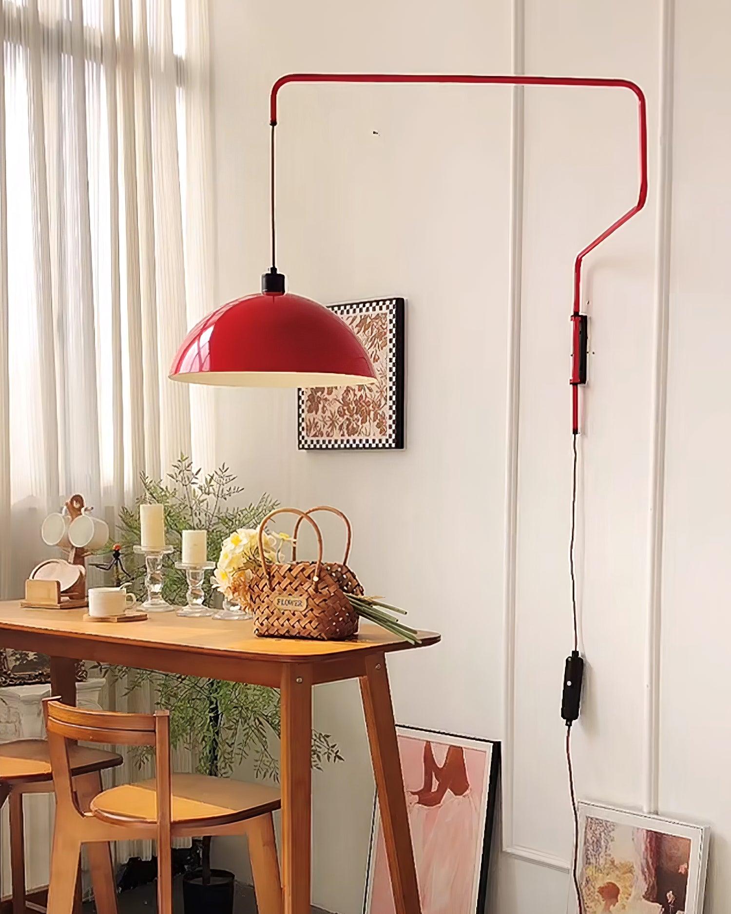 Long red arm over a dining table with baskets
