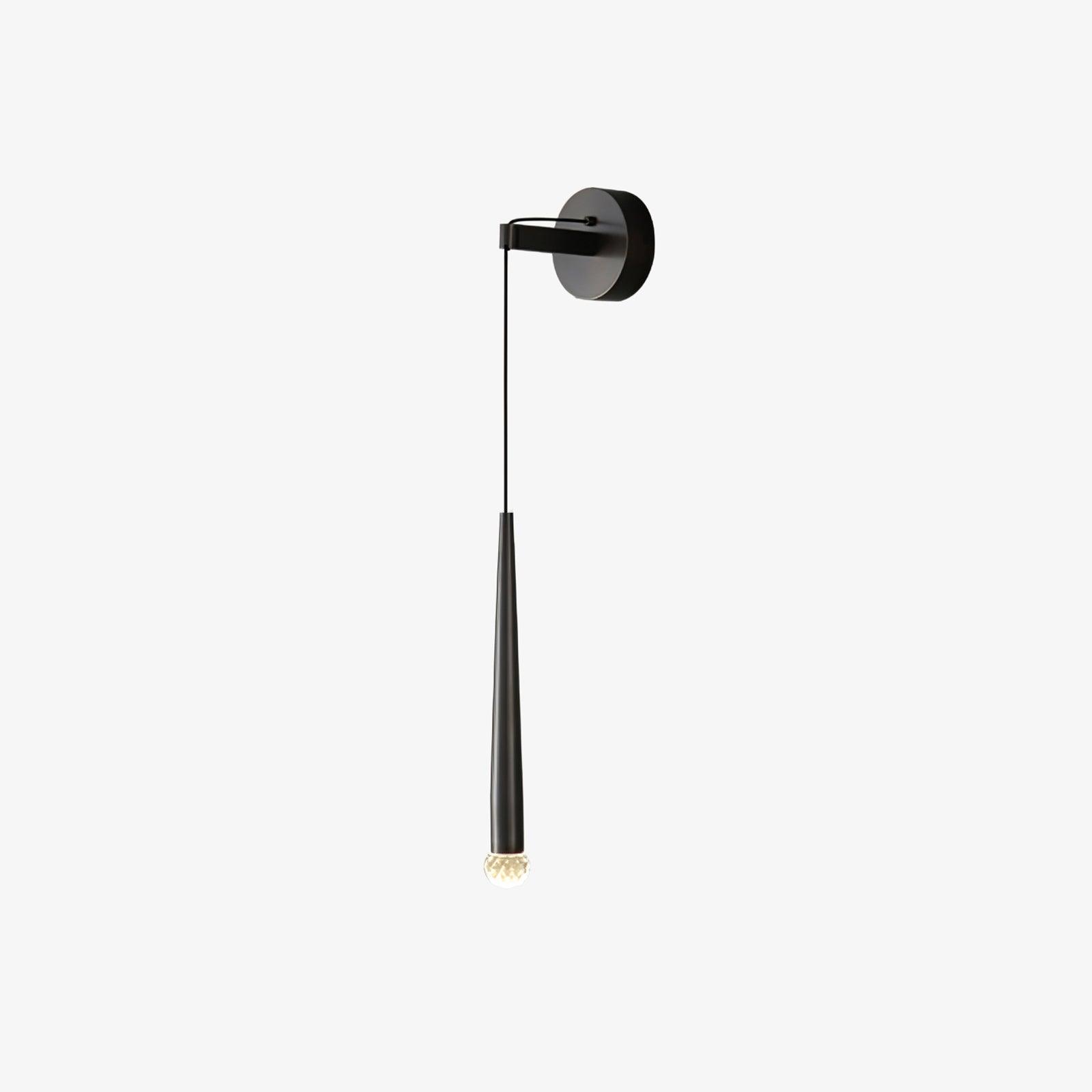 Isolated black tapered wall light with a rounded faceted crystal end on a light-grey background
