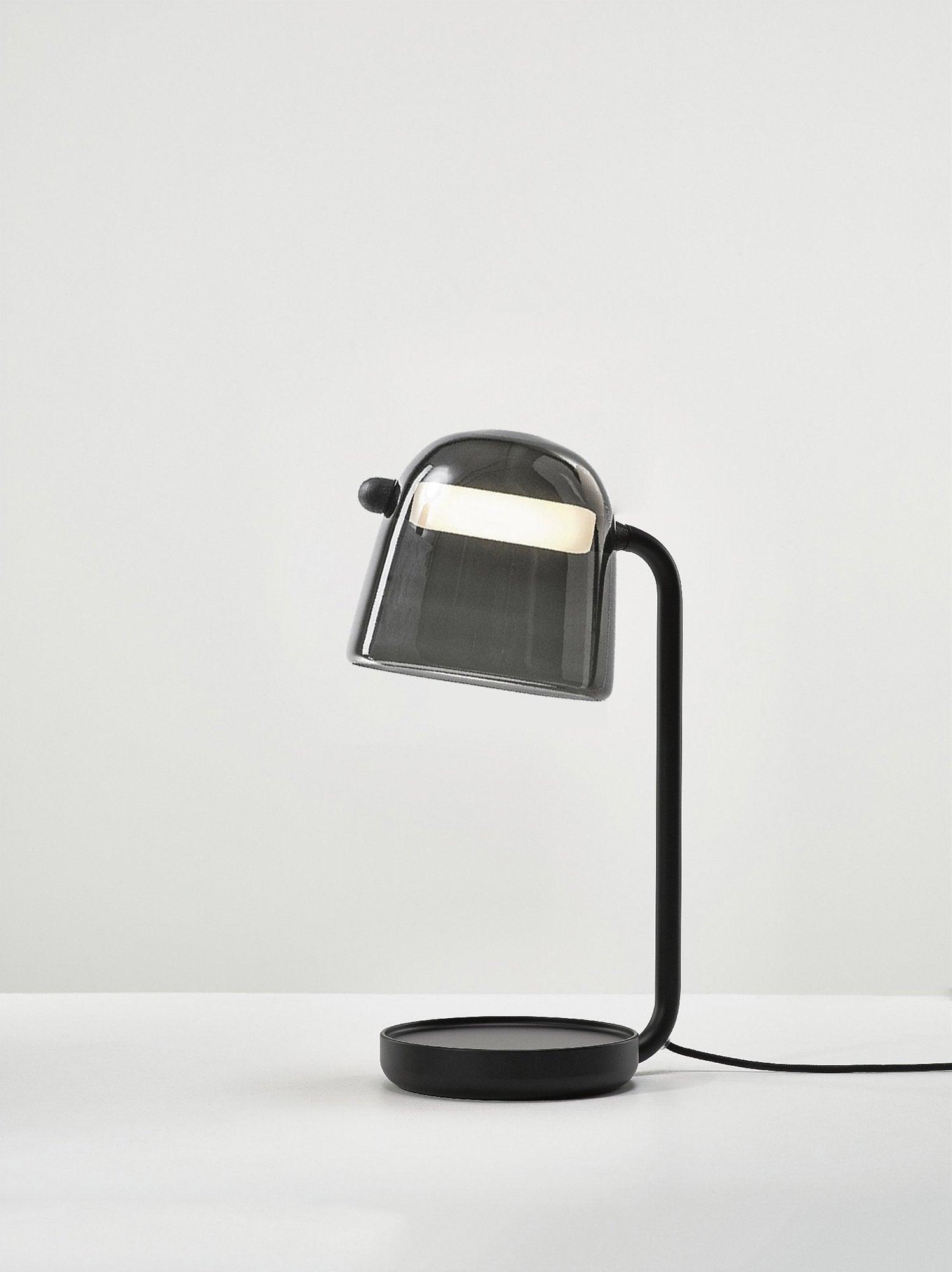 Tinted-glass Mona lamp with black arm and circular base