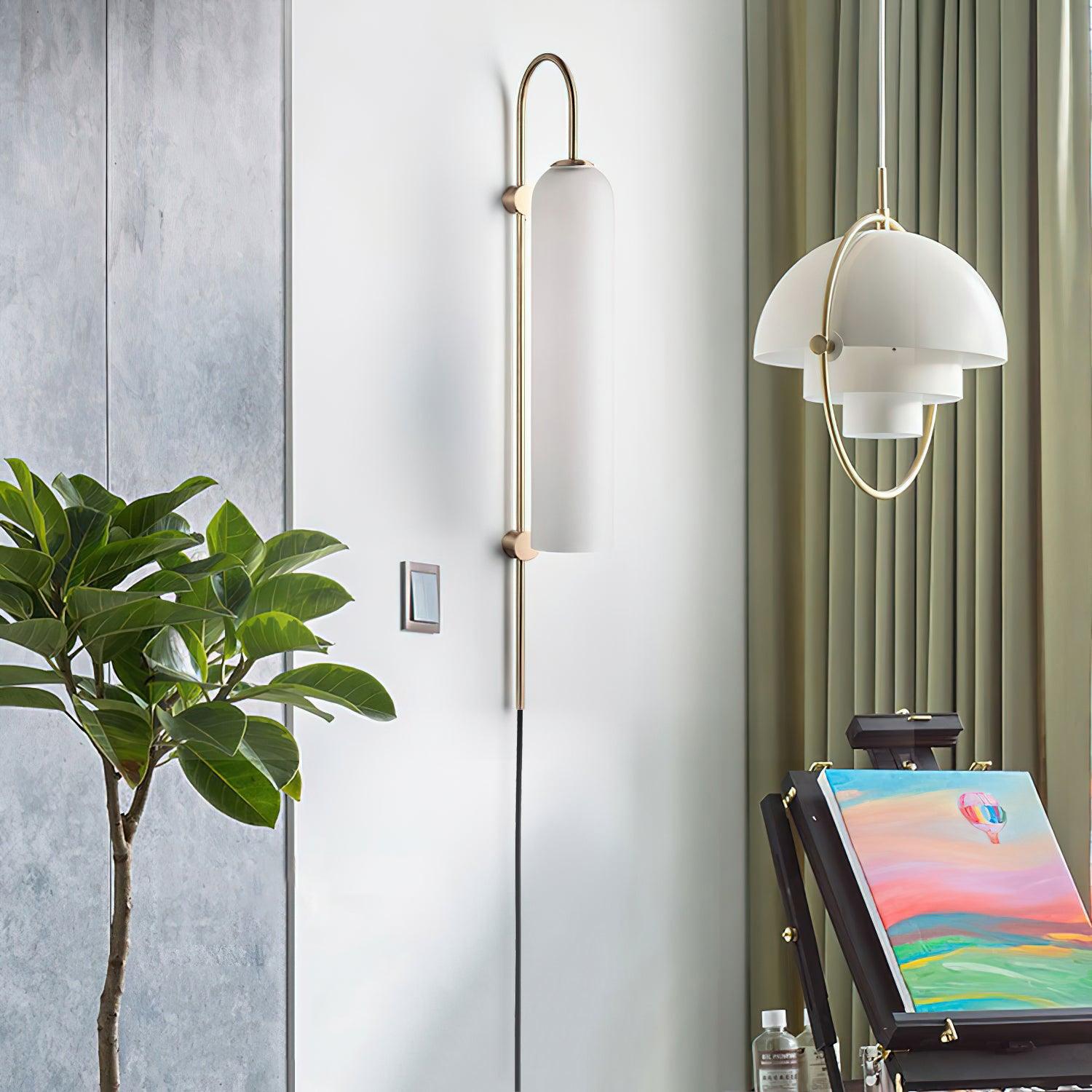Tall wall lamp near curtains and another hanging light