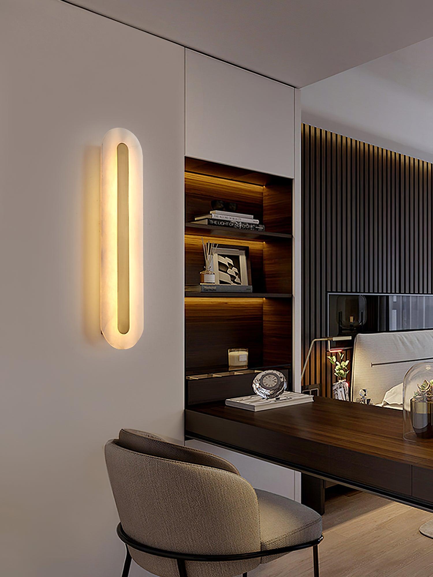 Elongated stone panel beside a desk