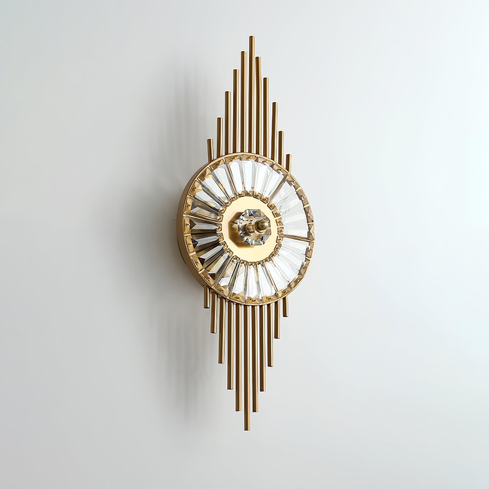 Unlit oblique view of Crystal Gear showing the radial clear glass pieces and stepped gold rods