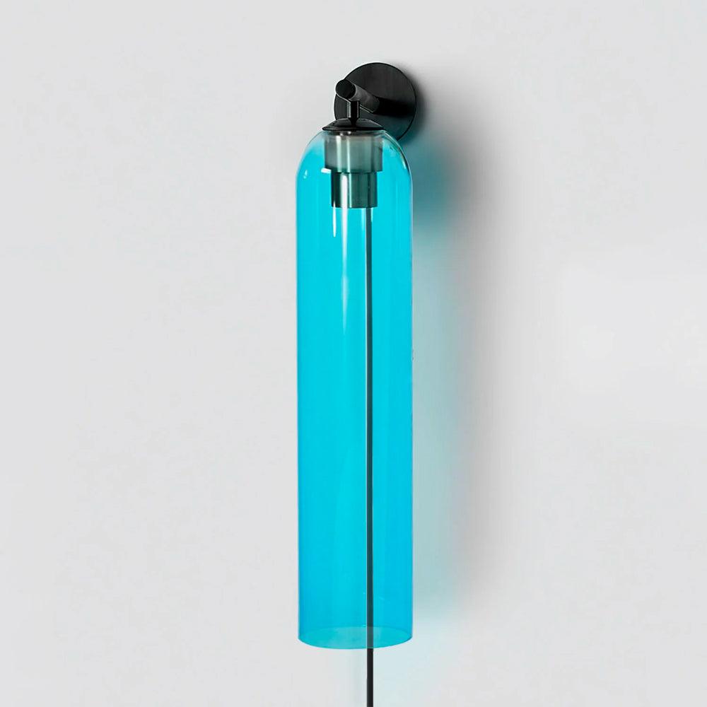 Sky blue glass wall light with black fitting and cord