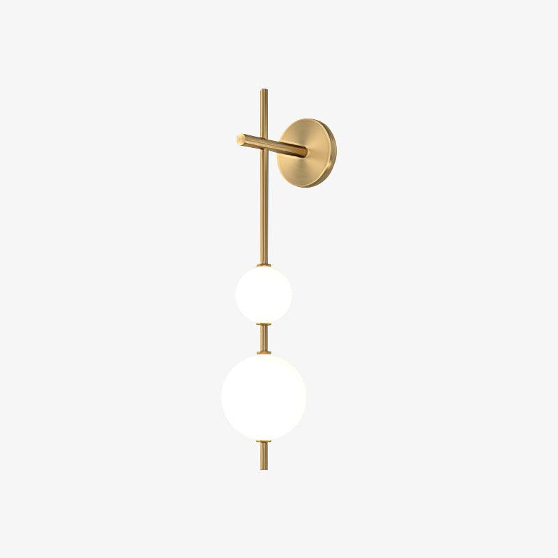 Vertical Globe wall light with white globes spaced along a slender metal rod