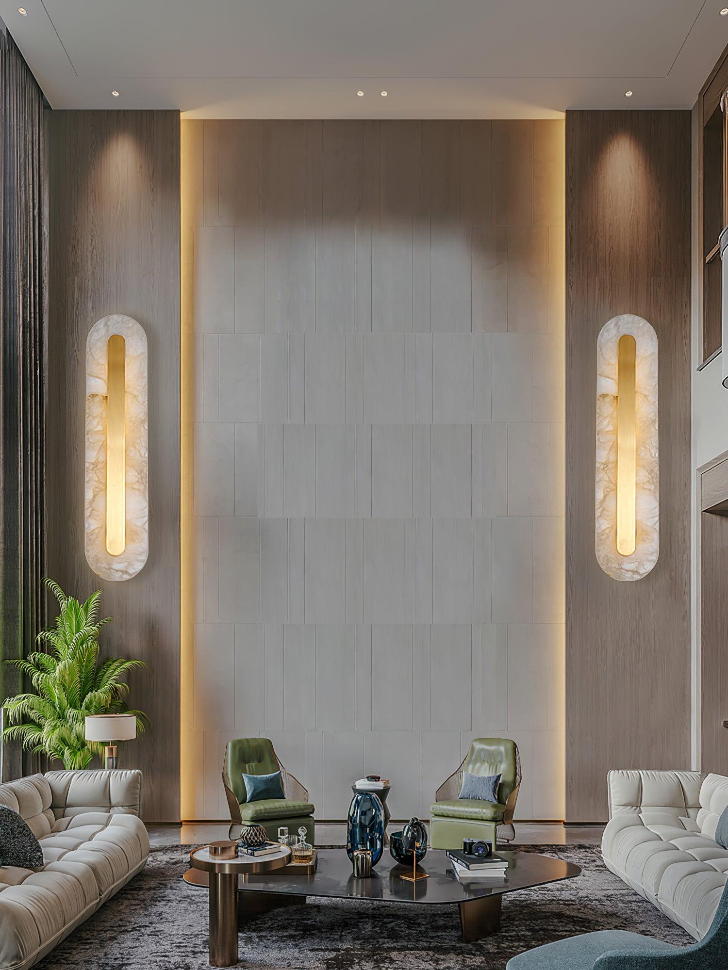 Two rounded lights on an indoor feature wall