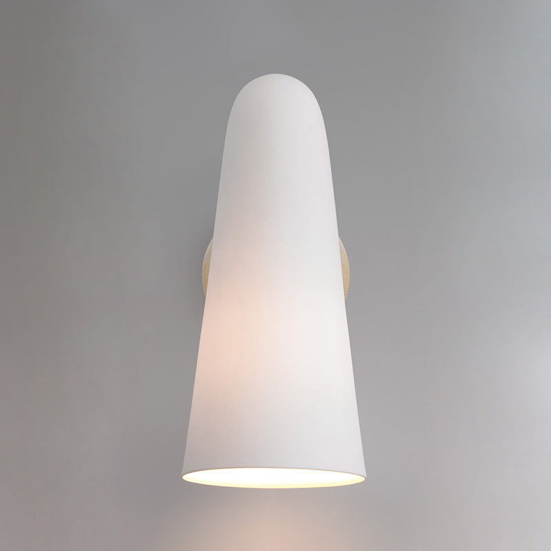Lit conical wall lamp with a frosted white glass shade and open lower rim