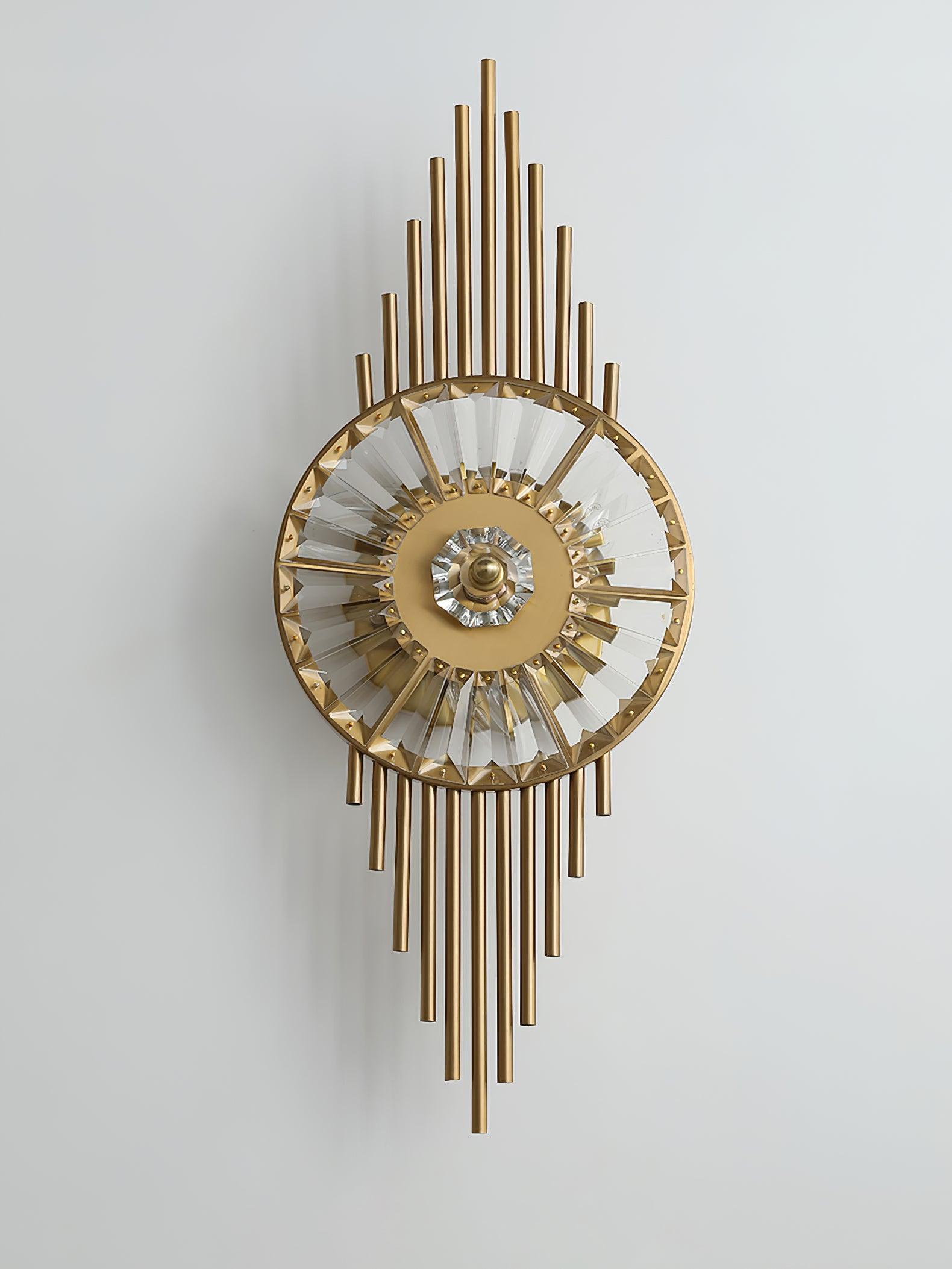 Unlit close front view of the radial clear glass pieces and gold center with vertical rods