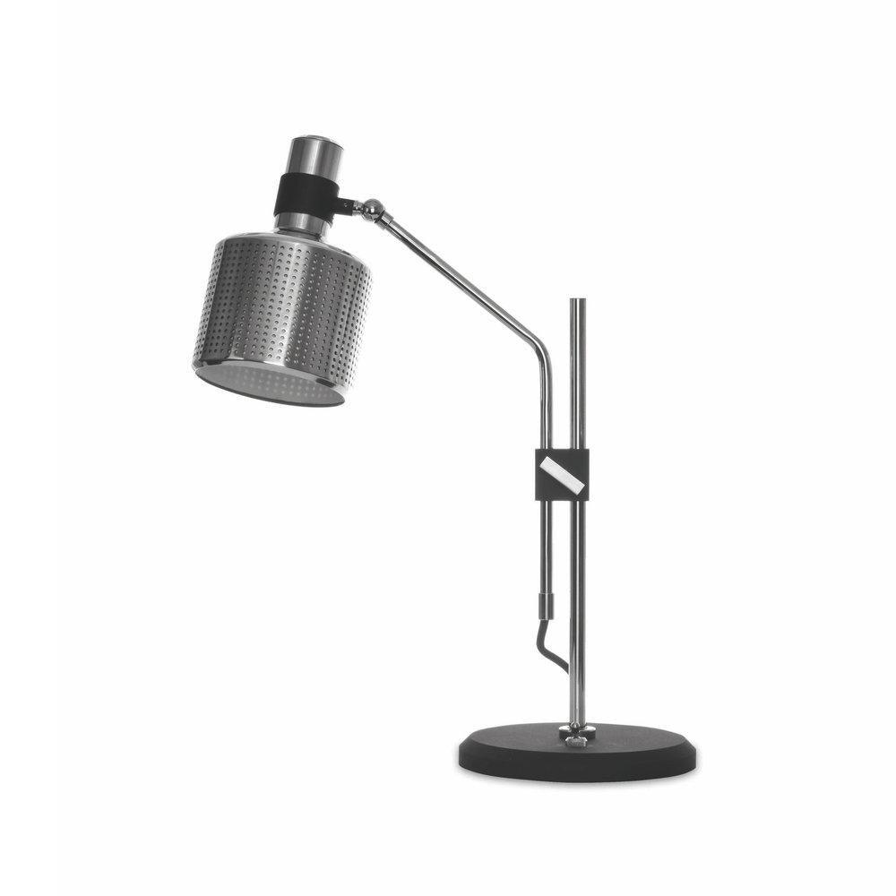 Silver-and-black single-head lamp with perforated shade, angled arm, black collar and clamp, and round black base