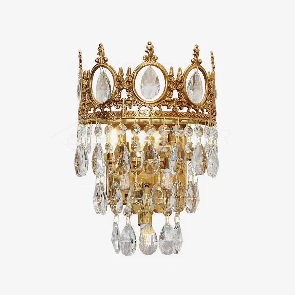Crown-shaped wall light with ornate metalwork, oval crystals and descending tiers of clear drops