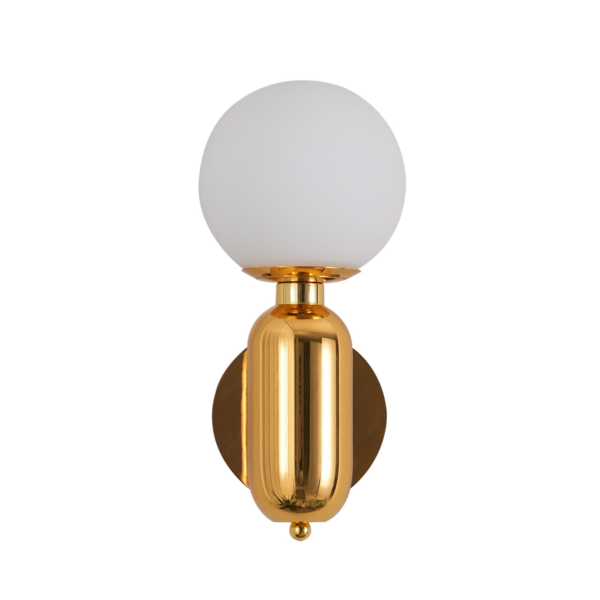 Copper-finish Aballs wall light on pale background, white globe above reflective gold-copper body and circular plate