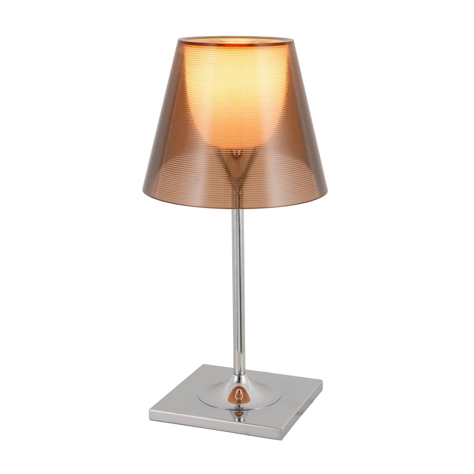 Chrome Prism lamp with a glowing bronze-colour shade and square reflective base