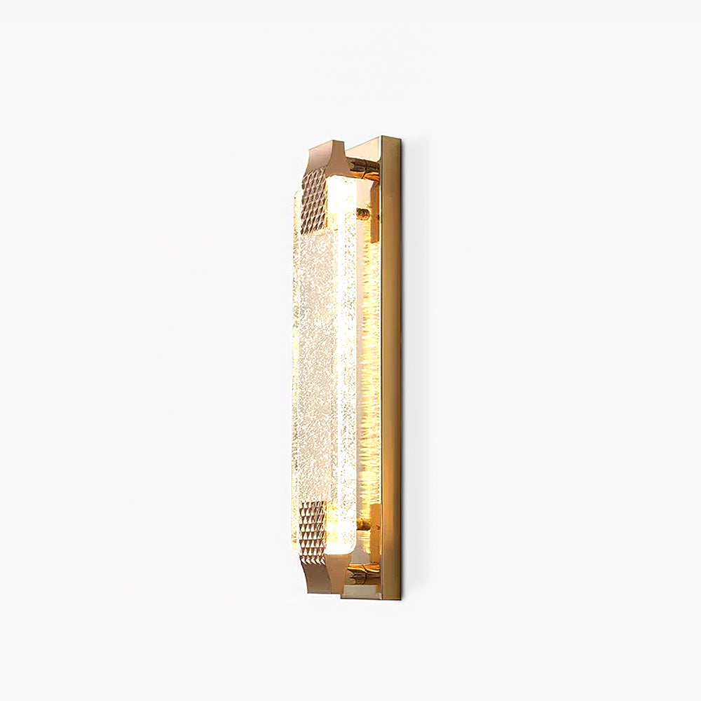 Angled Moet wall light on white, showing its luminous clear panel, patterned straps and supports in front of the backplate