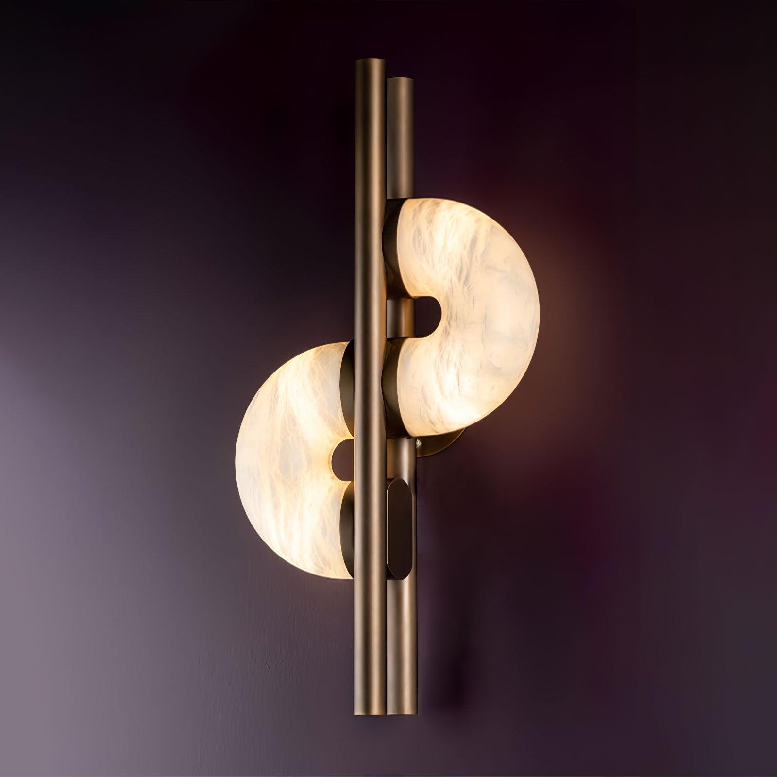 Lit angled Dolly on purple wall with two parallel bronze tubes, glowing notched discs and round rear plate