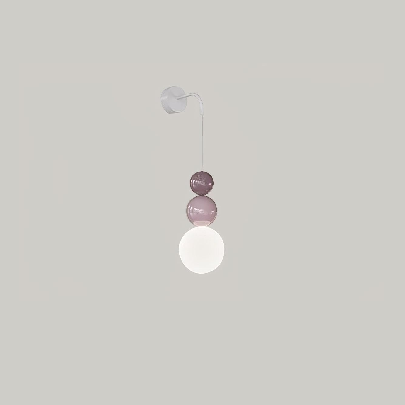 Purple-and-light-purple Three Ball wall light with a white lower globe and curved wall arm