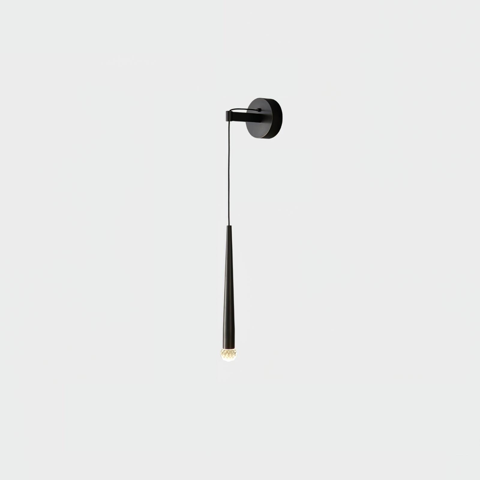 Small isolated black crystal-tipped hanging wall light with round plate and thin cable