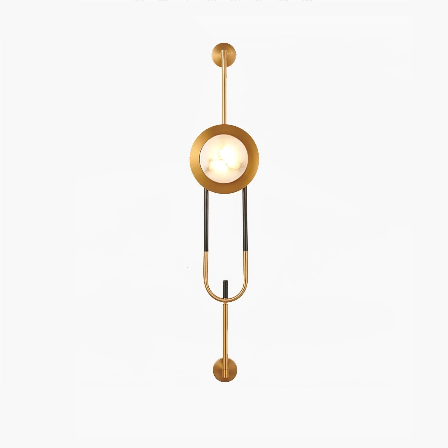 Isolated illuminated veined marble wall light on white, with gold stems and a long open loop below the disc