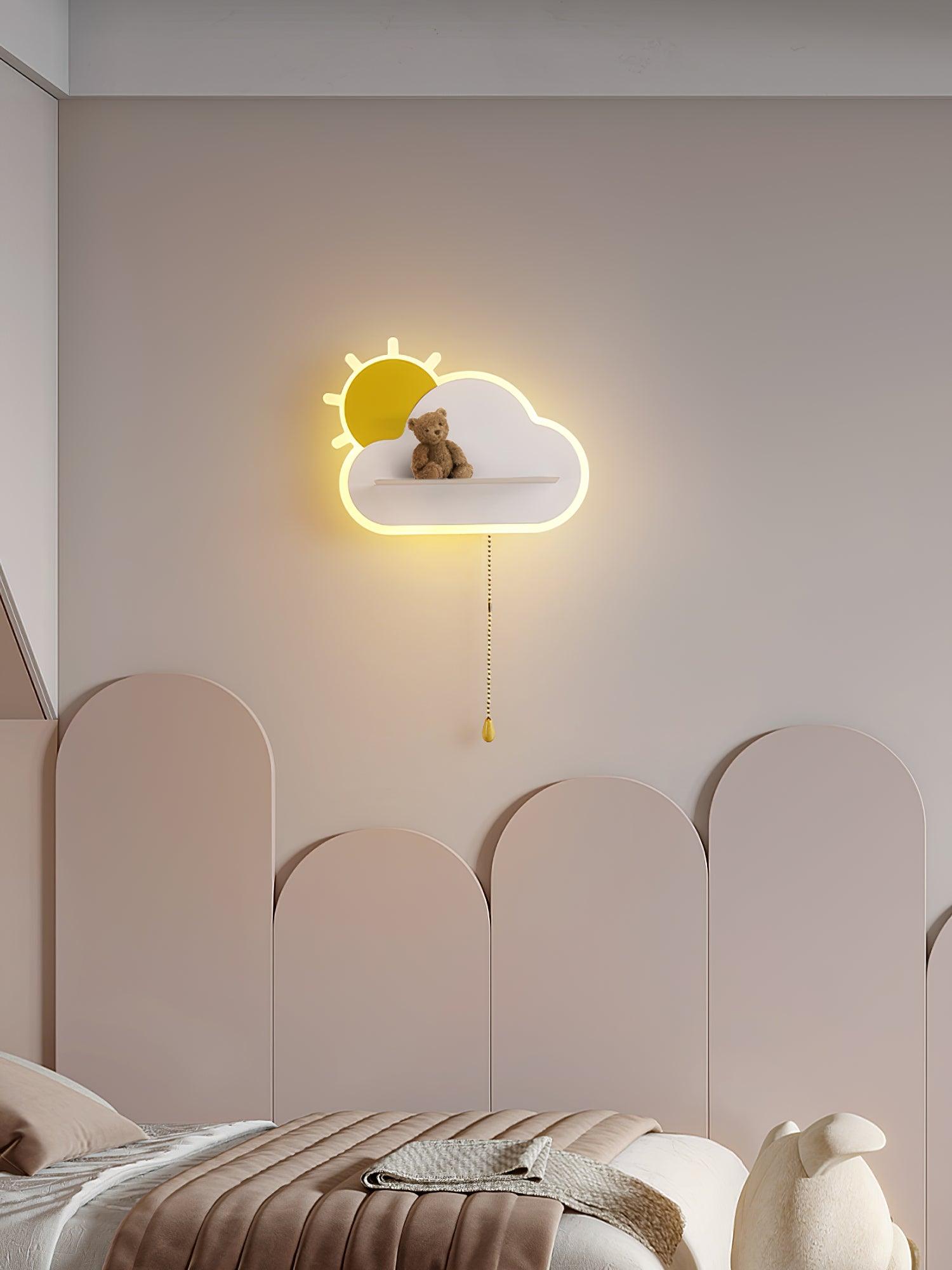 White cloud light above an upholstered headboard