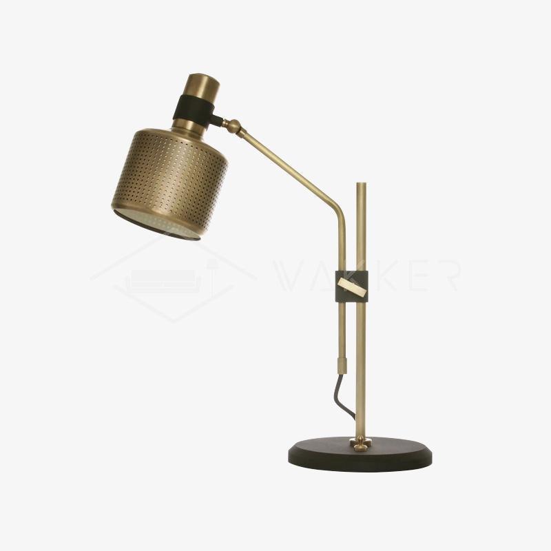 White-background view of a gold-and-black single-head lamp with perforated cylindrical shade and round black base