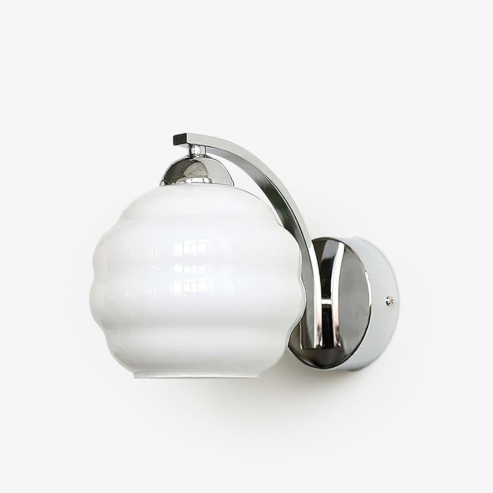 Unlit chrome Art Deco wall light on white background, with white ribbed shade left and round plate right