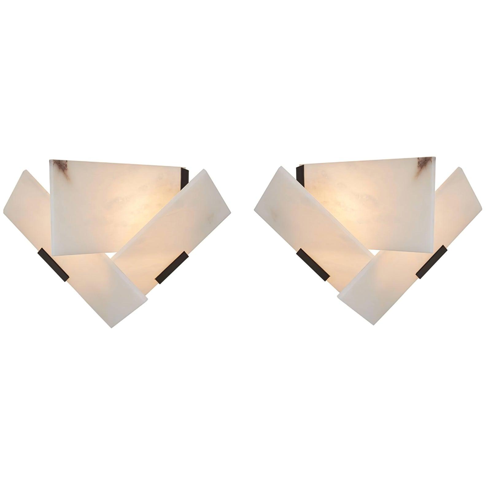 Two Fly Alabaster sconces on white with mirrored overlapping stone panels and black supports