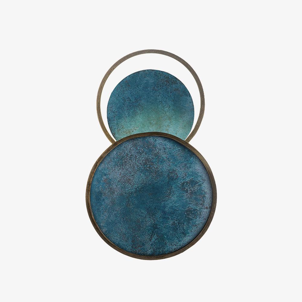 White-background view of one Turquoise Satellite fixture, with two overlapping blue circular faces and an open upper ring.