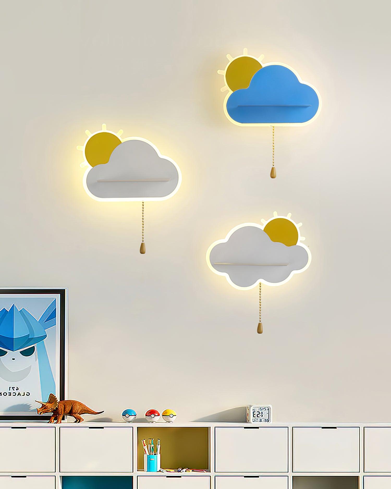 Three cloud lights above a storage unit
