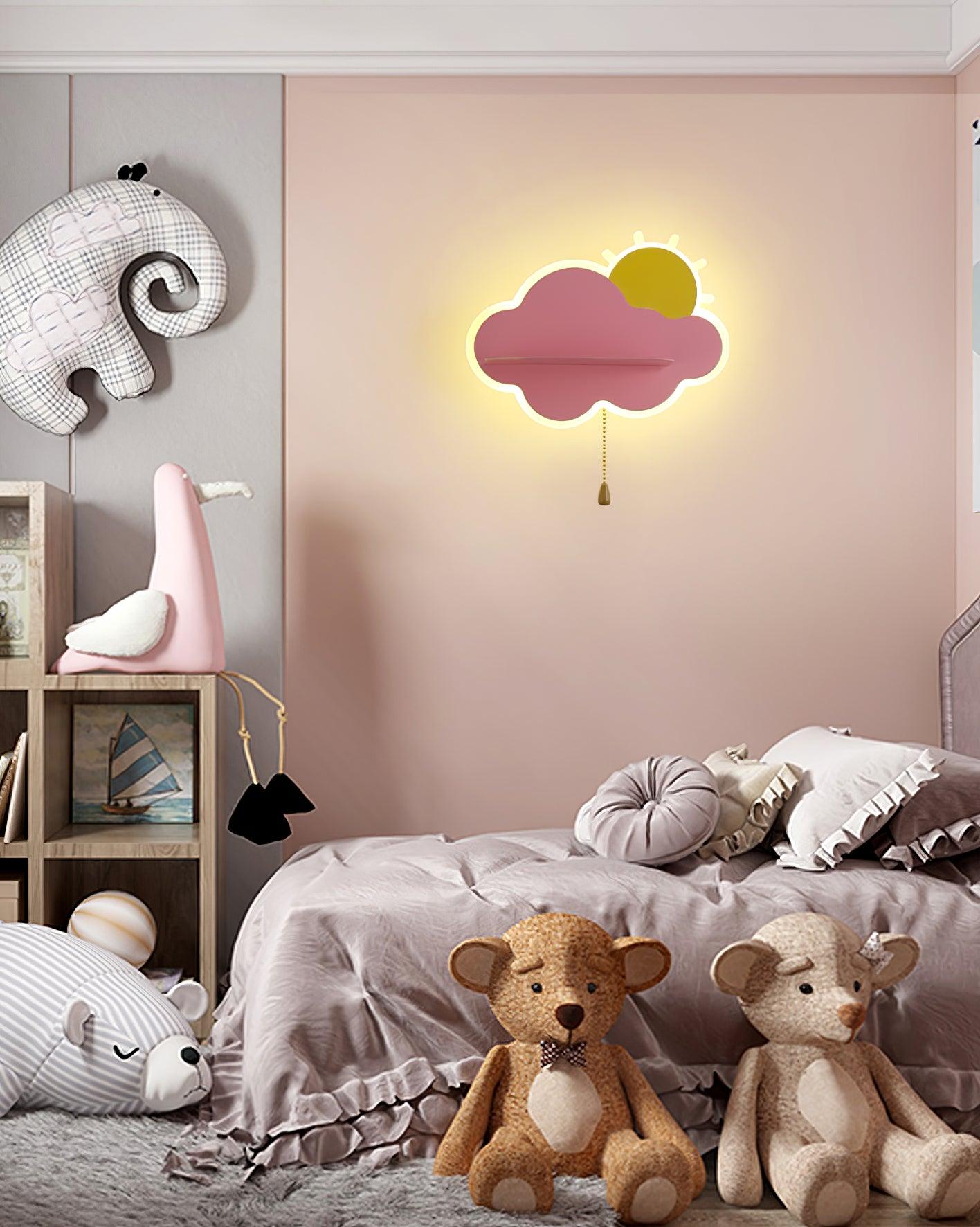 Glowing Pink cloud beside bedroom shelving