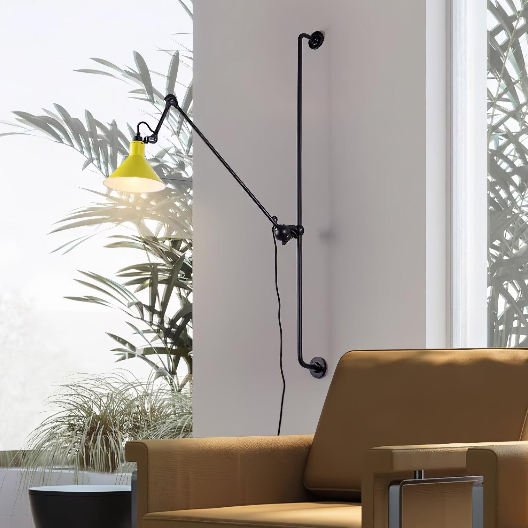 Yellow shade on Black support beside a chair