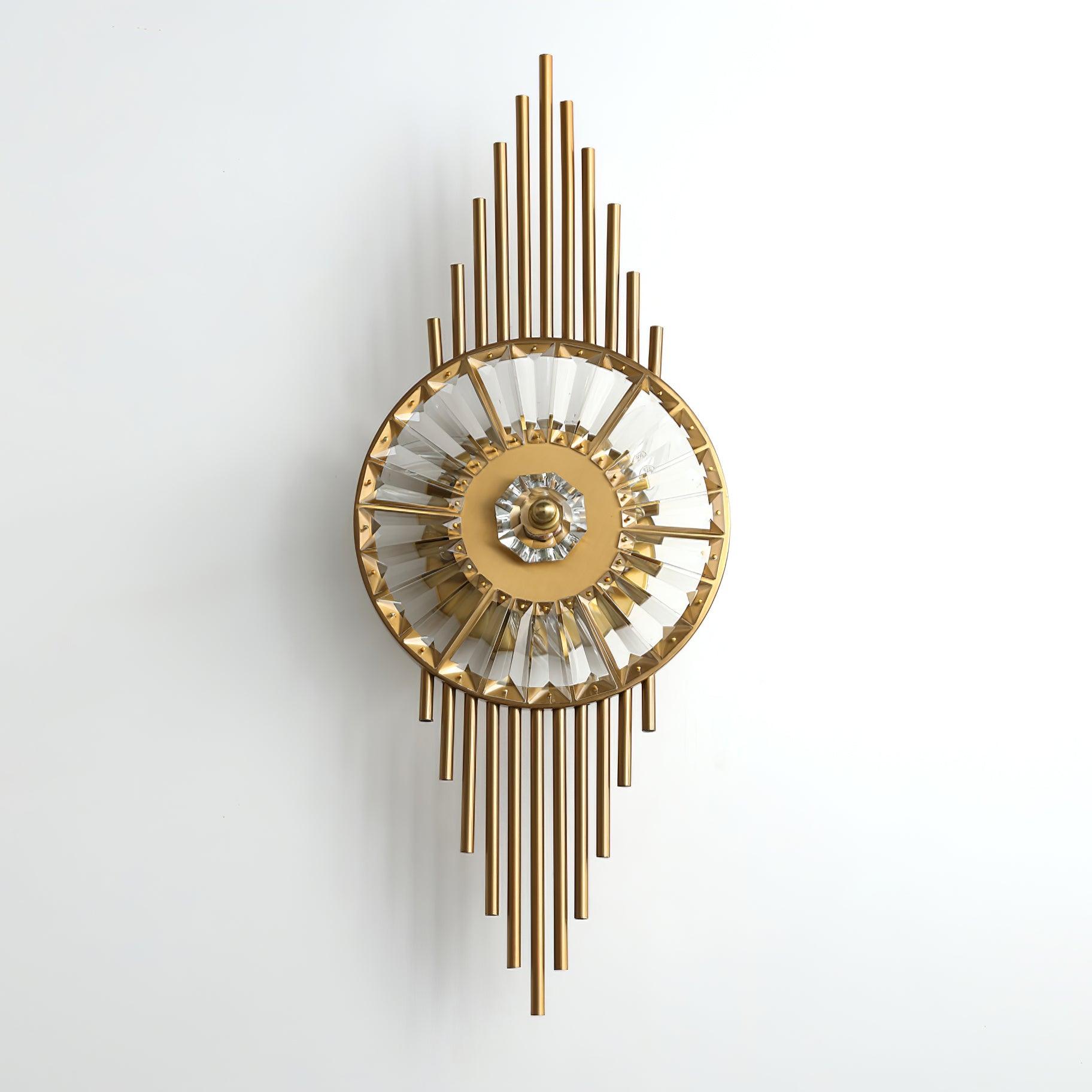 Unlit Gold & Clear crystal glass wall light with a round faceted shade and graduated vertical rods