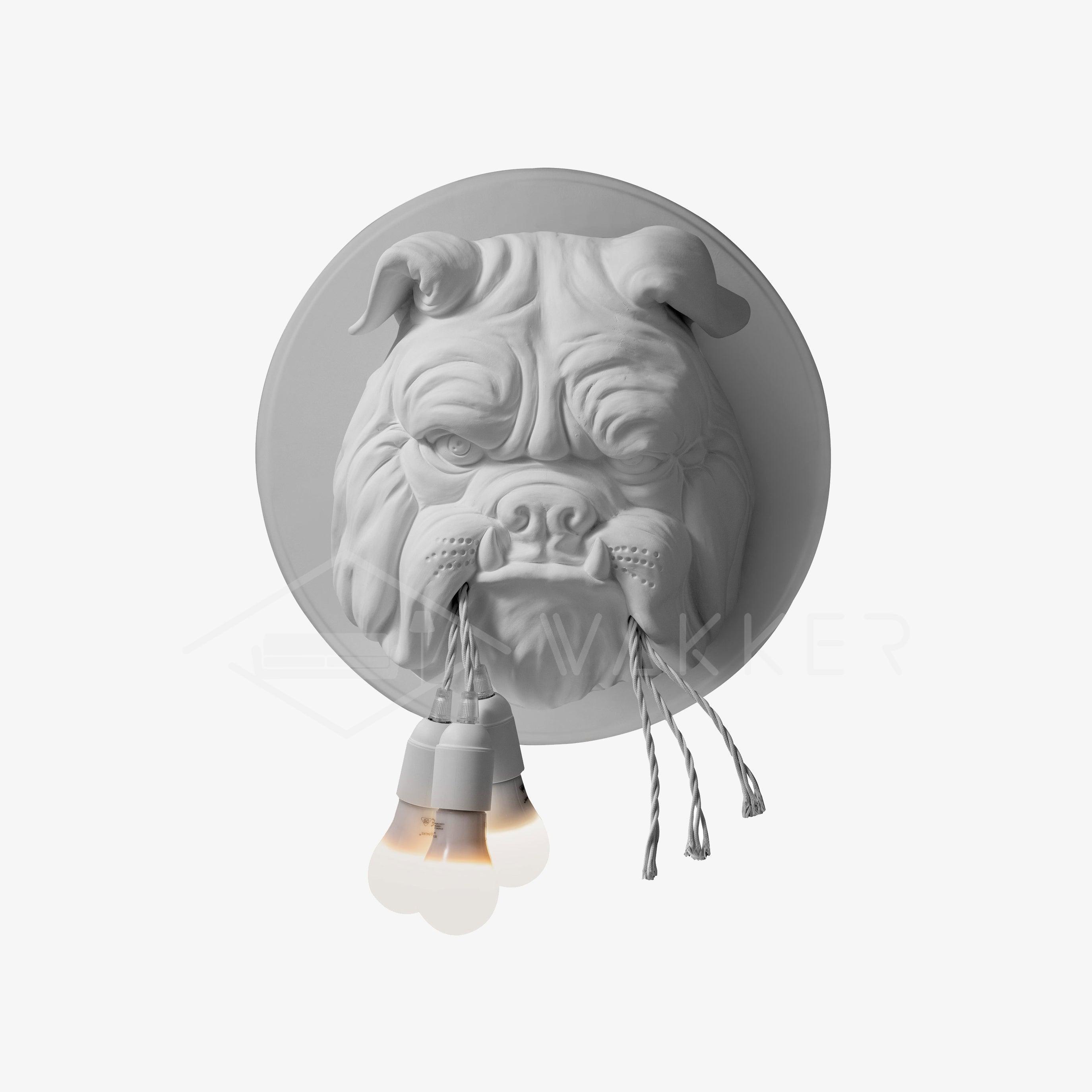 White bulldog face on circular wall backing