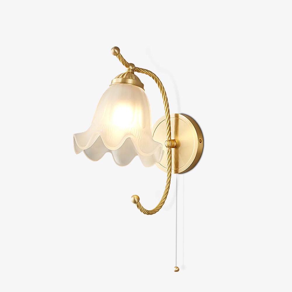 Wide isolated view of lit brass gooseneck wall lamp on white, showing full pull cord, scalloped shade and curled arm