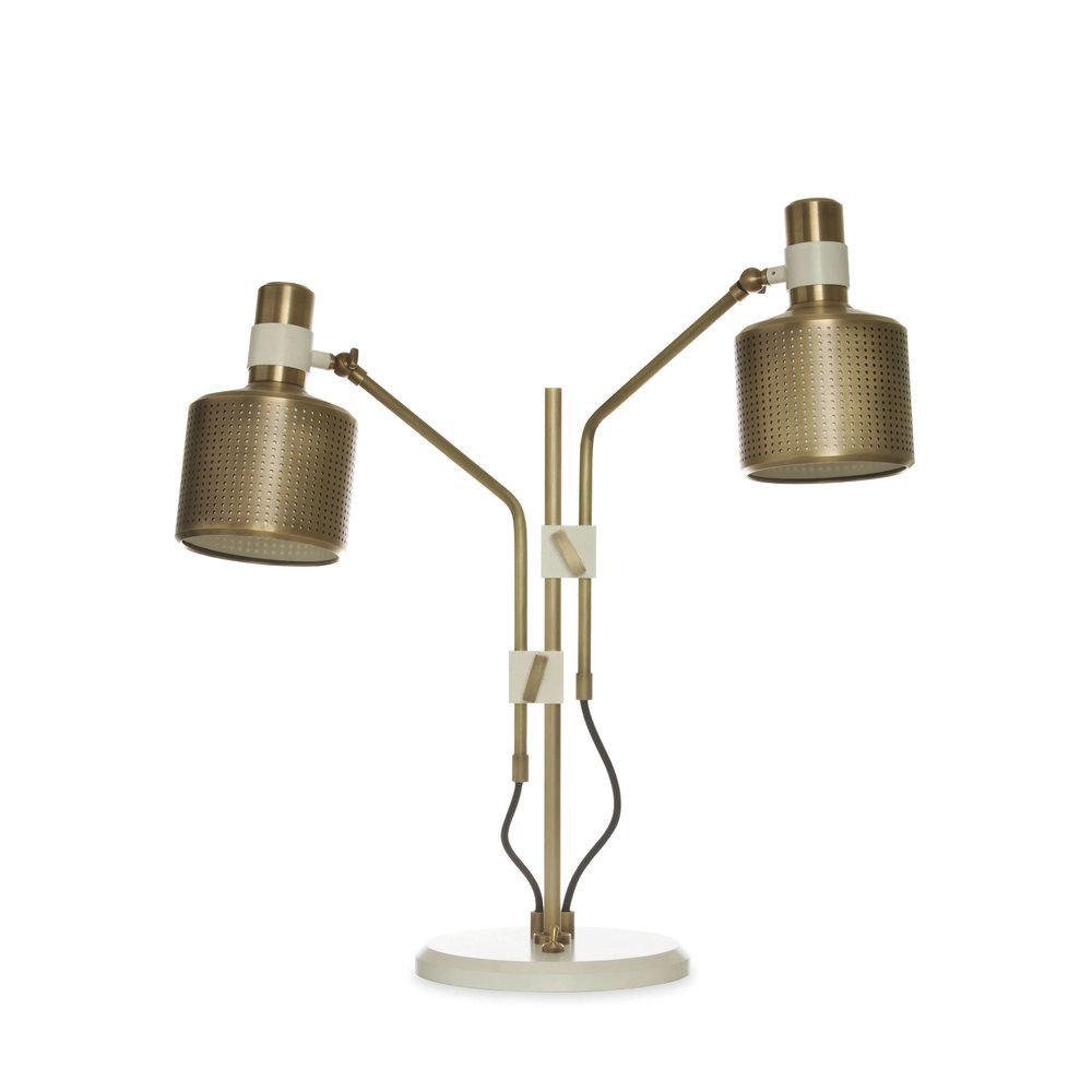 Gold-and-white double-head lamp with two perforated shades at different heights, separate arms and one white round base