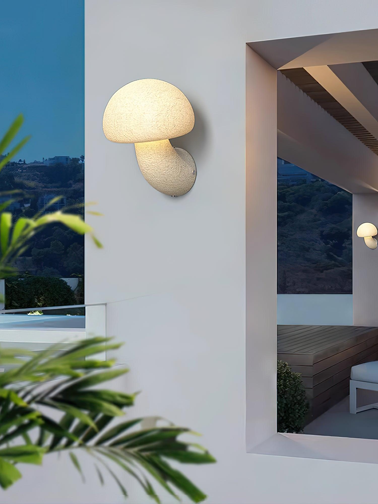 Mushroom lamp photographed on a covered-entrance column