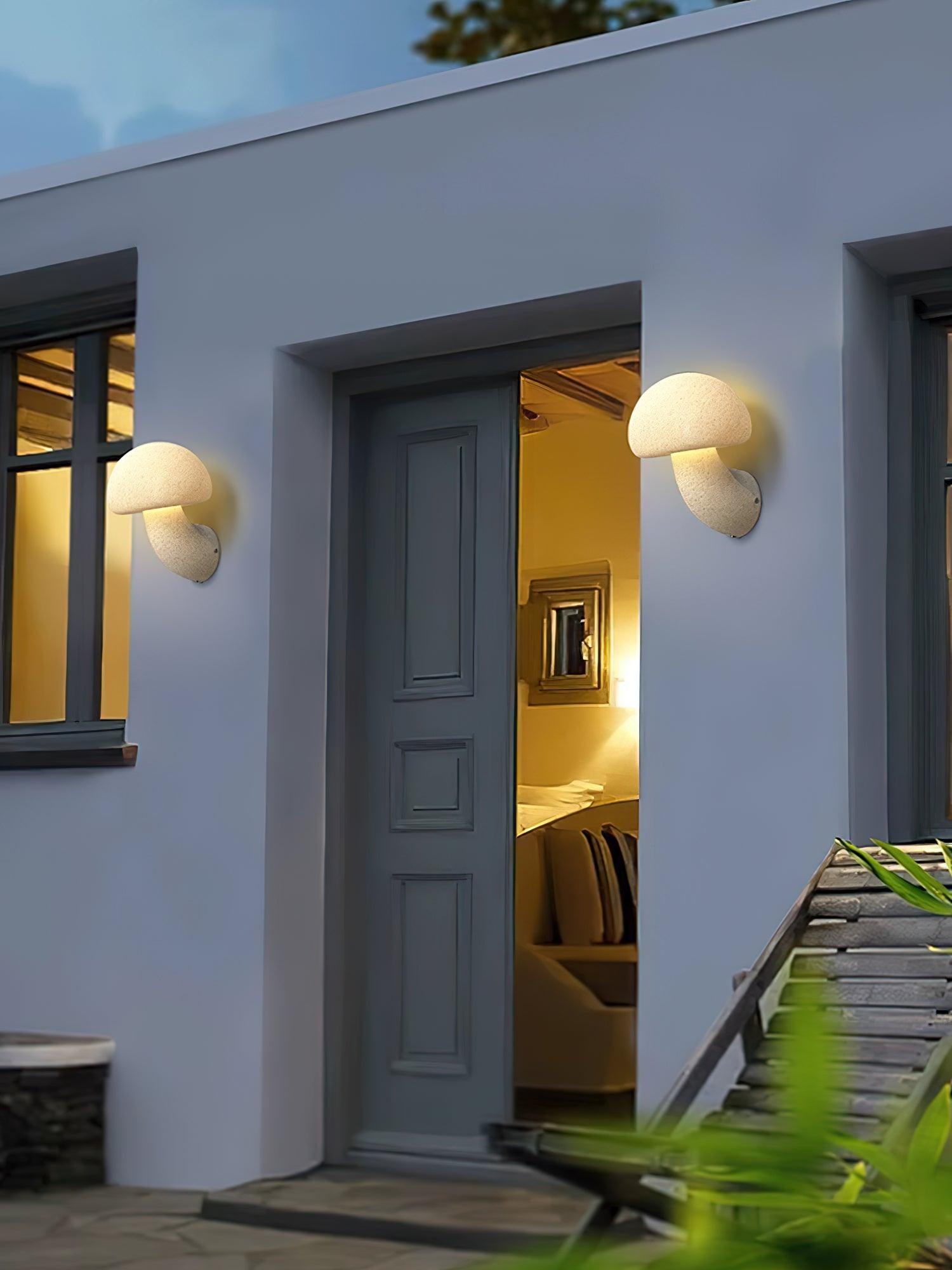 Pair of mushroom lamps pictured beside an entrance