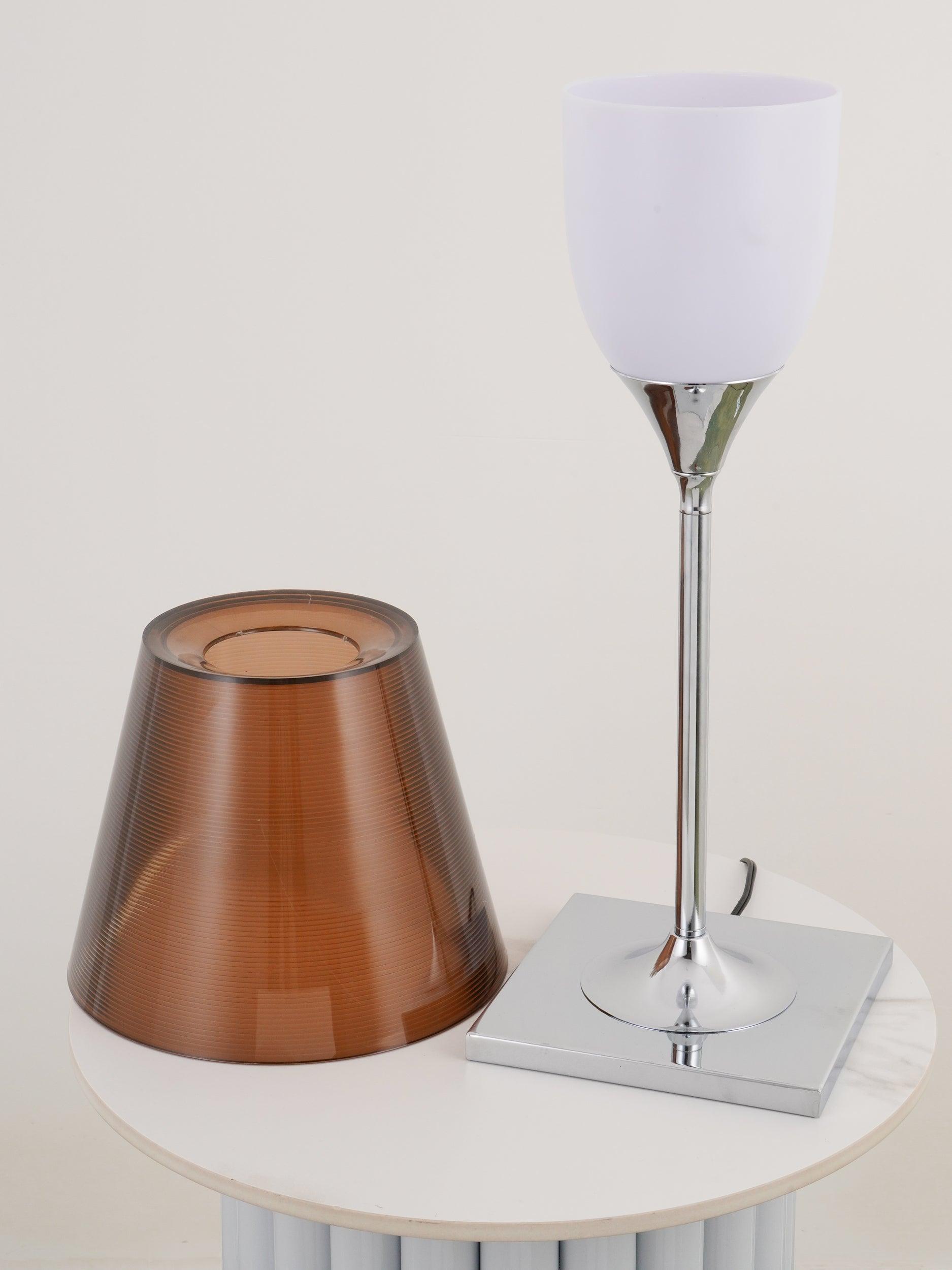 Bronze outer shade shown beside Chrome Prism inner diffuser and stand